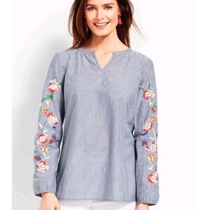 Talbots Blue Pinstripe Tunic with Floral Embroidered Sleeves Size Large Petite